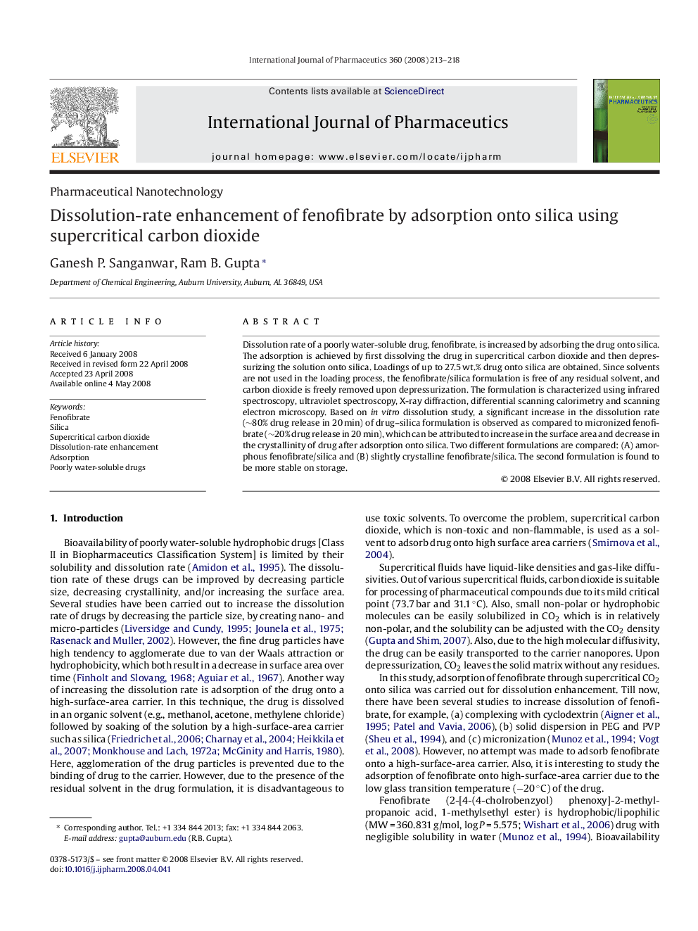 Dissolution-rate enhancement of fenofibrate by adsorption onto silica using supercritical carbon dioxide