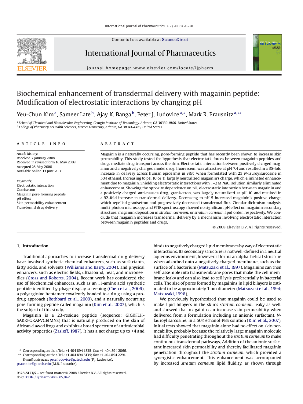 Biochemical enhancement of transdermal delivery with magainin peptide: Modification of electrostatic interactions by changing pH