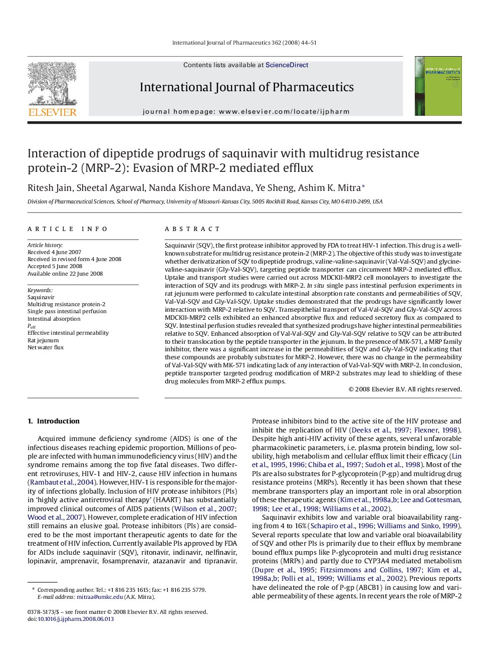 Interaction of dipeptide prodrugs of saquinavir with multidrug resistance protein-2 (MRP-2): Evasion of MRP-2 mediated efflux