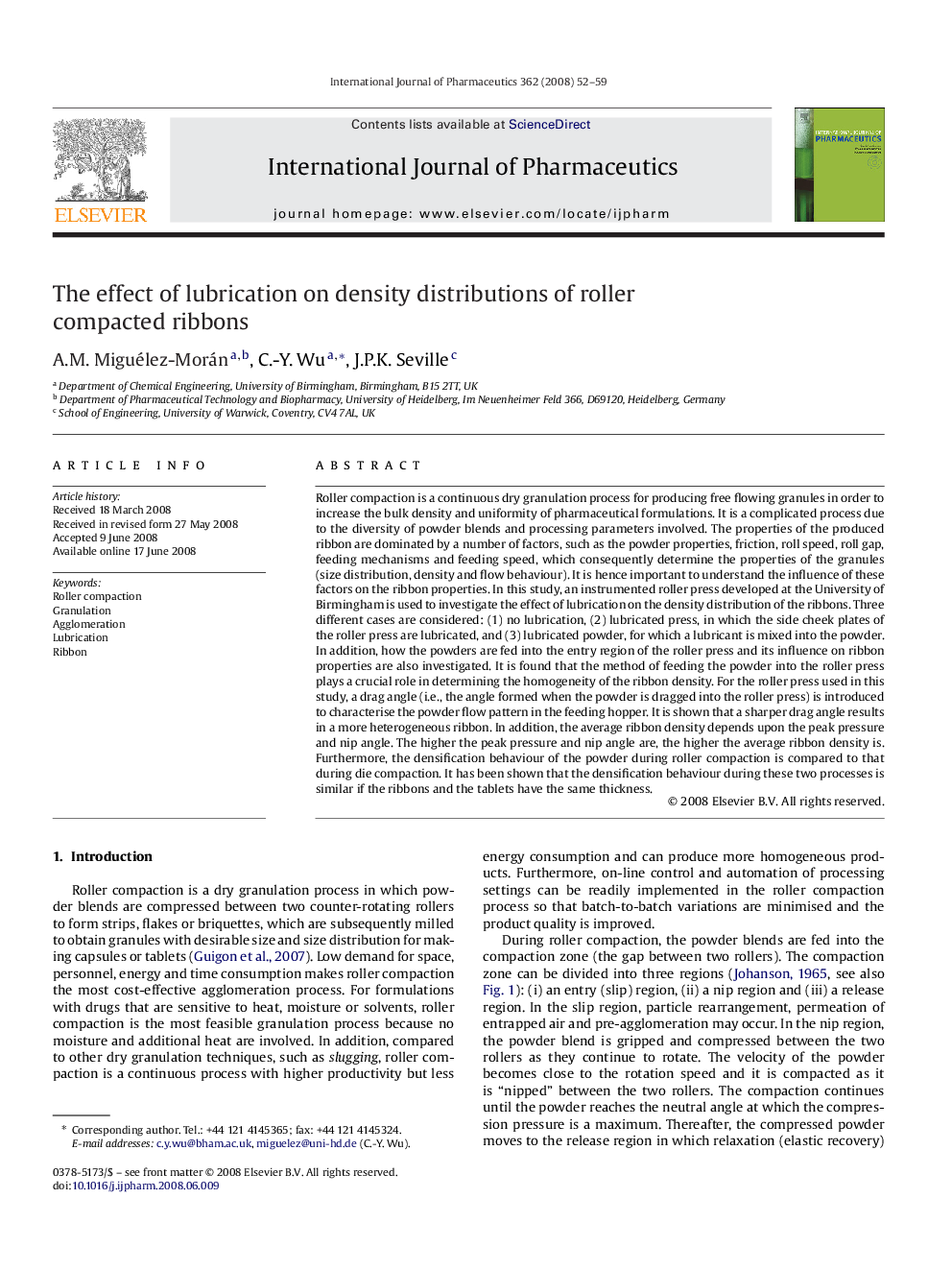 The effect of lubrication on density distributions of roller compacted ribbons