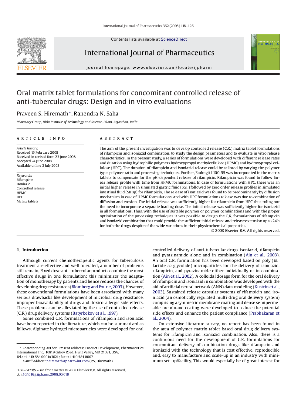 Oral matrix tablet formulations for concomitant controlled release of anti-tubercular drugs: Design and in vitro evaluations