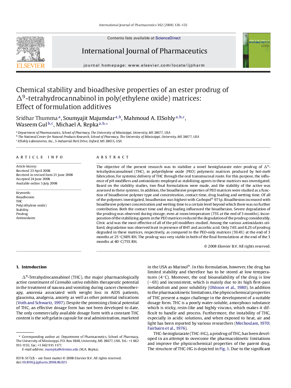 Chemical stability and bioadhesive properties of an ester prodrug of Δ9-tetrahydrocannabinol in poly(ethylene oxide) matrices: Effect of formulation additives