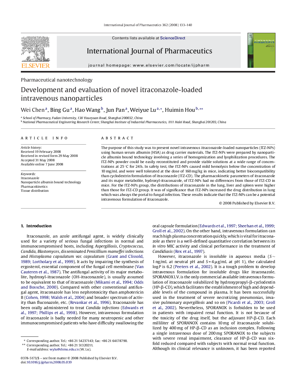 Development and evaluation of novel itraconazole-loaded intravenous nanoparticles