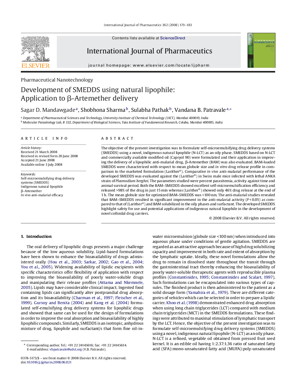 Development of SMEDDS using natural lipophile: Application to β-Artemether delivery
