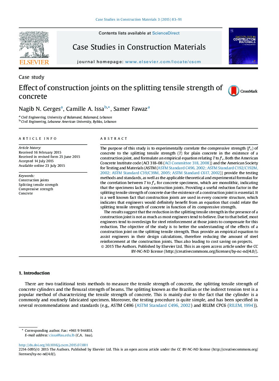 Effect of construction joints on the splitting tensile strength of concrete