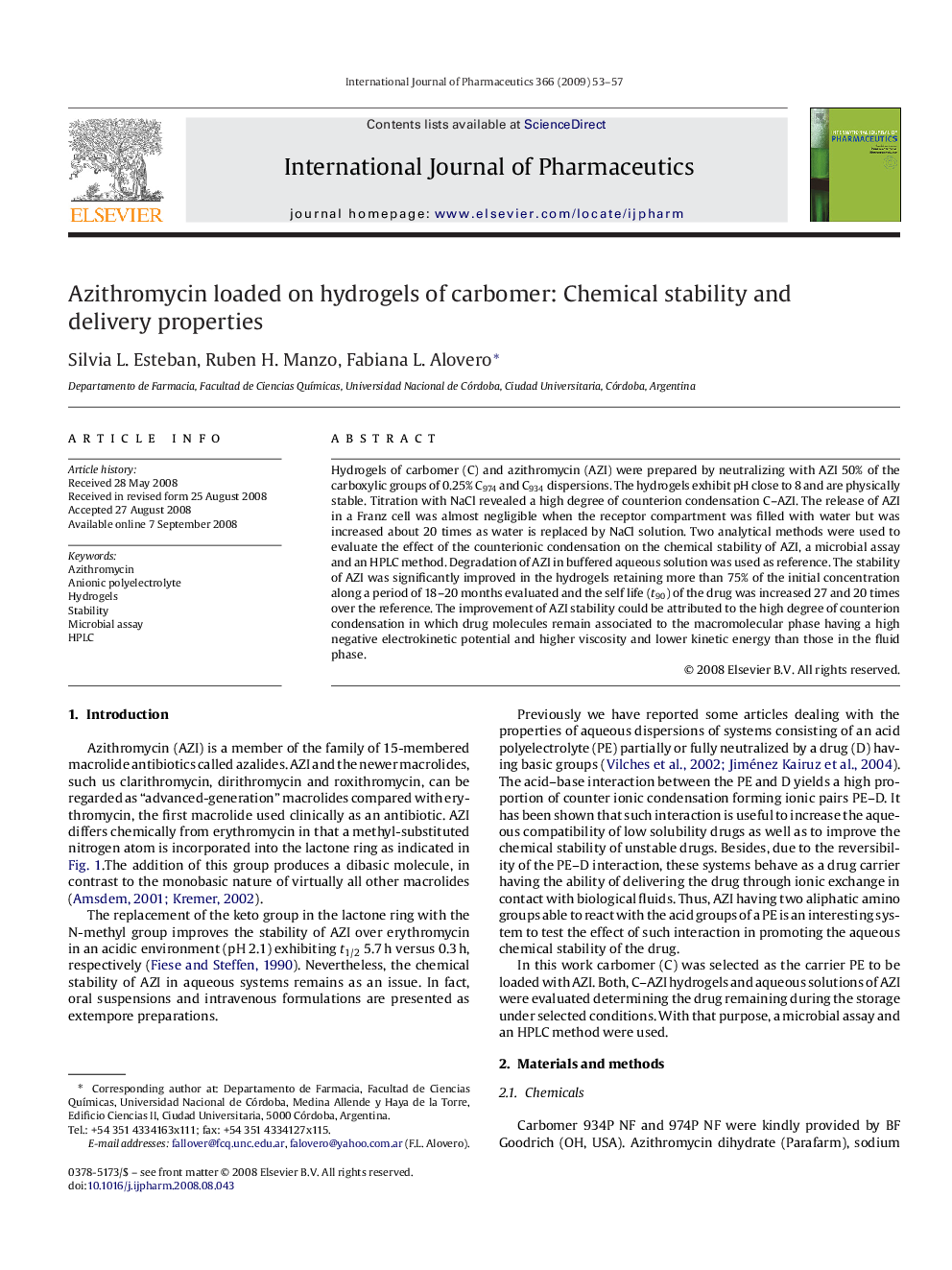 Azithromycin loaded on hydrogels of carbomer: Chemical stability and delivery properties