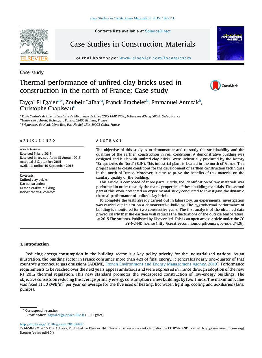 عملکرد حرارتی از آجر های غیر رسمی که در ساخت و ساز در شمال فرانسه مورد استفاده قرار می گیرد: مطالعه موردی 