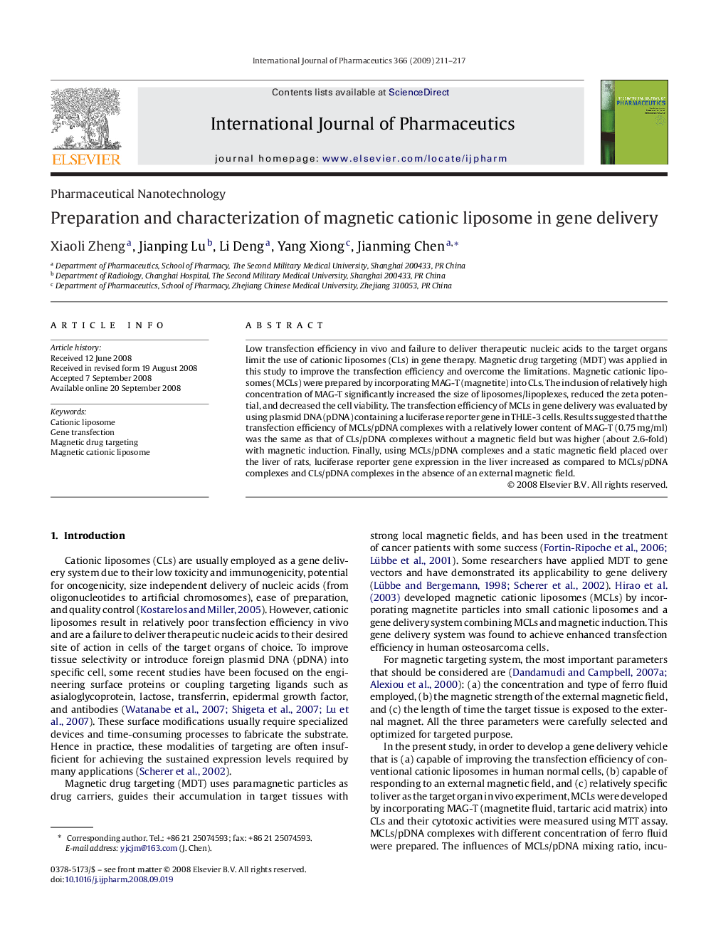 Preparation and characterization of magnetic cationic liposome in gene delivery