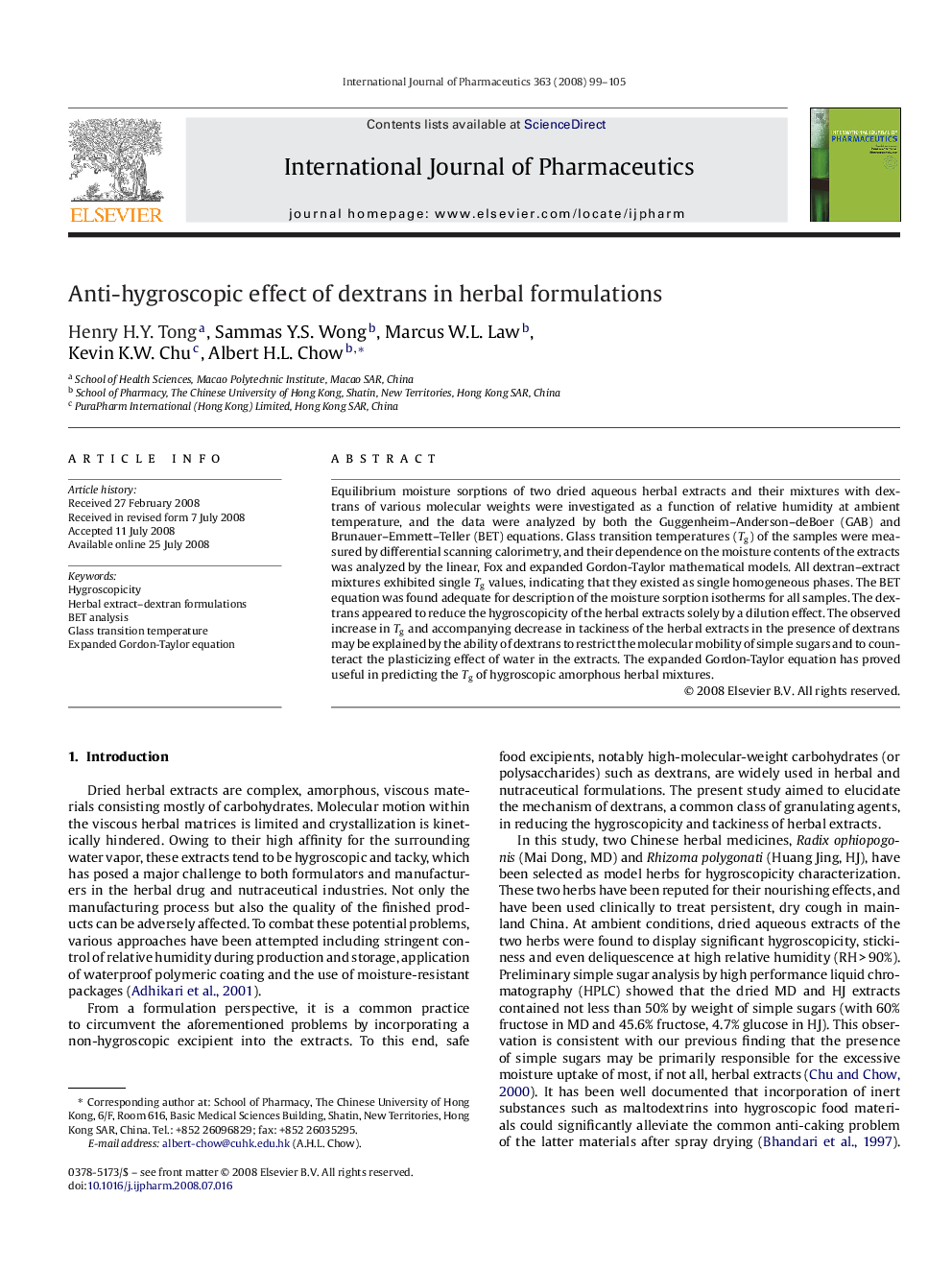 Anti-hygroscopic effect of dextrans in herbal formulations