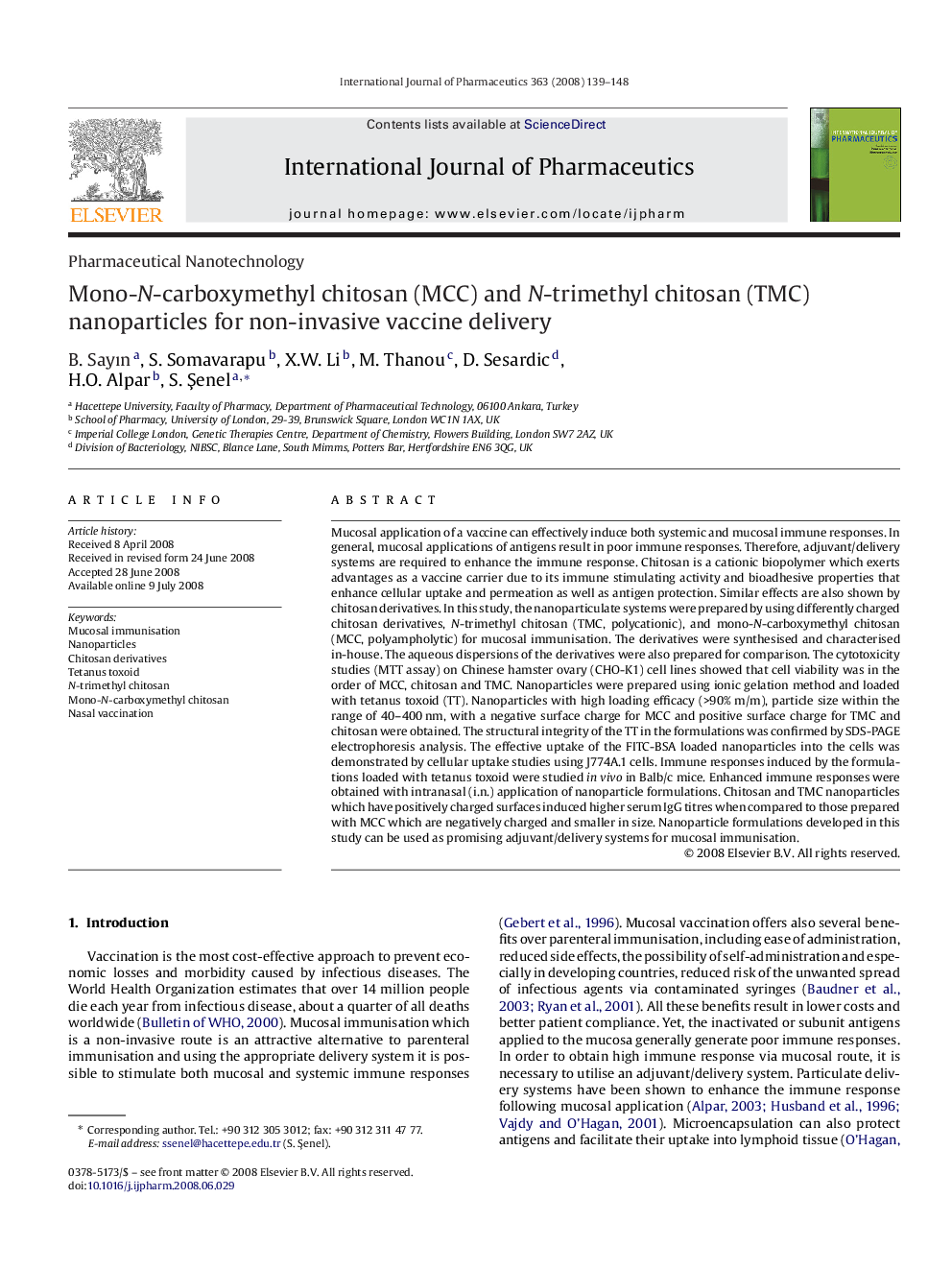 Mono-N-carboxymethyl chitosan (MCC) and N-trimethyl chitosan (TMC) nanoparticles for non-invasive vaccine delivery