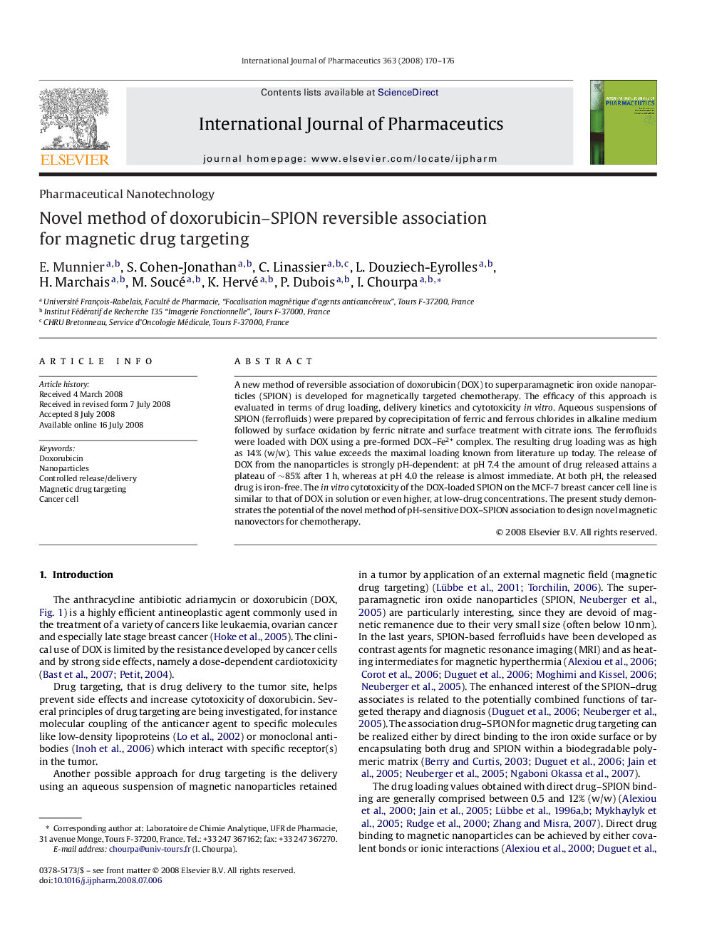 Novel method of doxorubicin–SPION reversible association for magnetic drug targeting