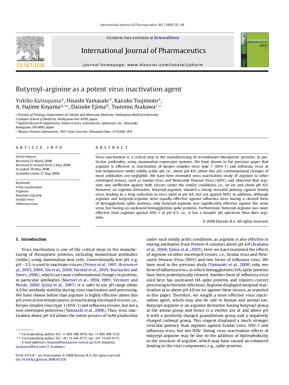 Butyroyl-arginine as a potent virus inactivation agent