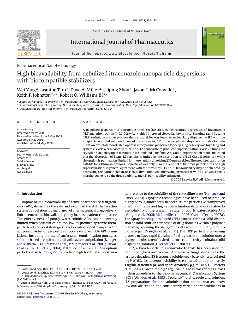 High bioavailability from nebulized itraconazole nanoparticle dispersions with biocompatible stabilizers