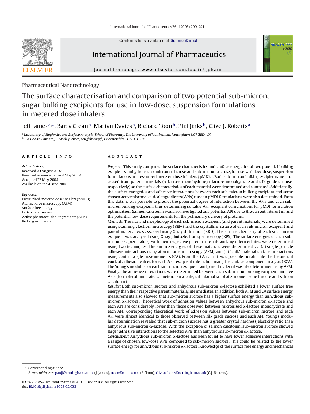 عکس صفحه اول مقاله: The surface characterisation and comparison of two potential sub-micron, sugar bulking excipients for use in low-dose, suspension formulations in metered dose inhalers The surface characterisation and comparison of two potential sub-micron, sugar bulking excipients for use in low-dose, suspension formulations in metered dose inhalers