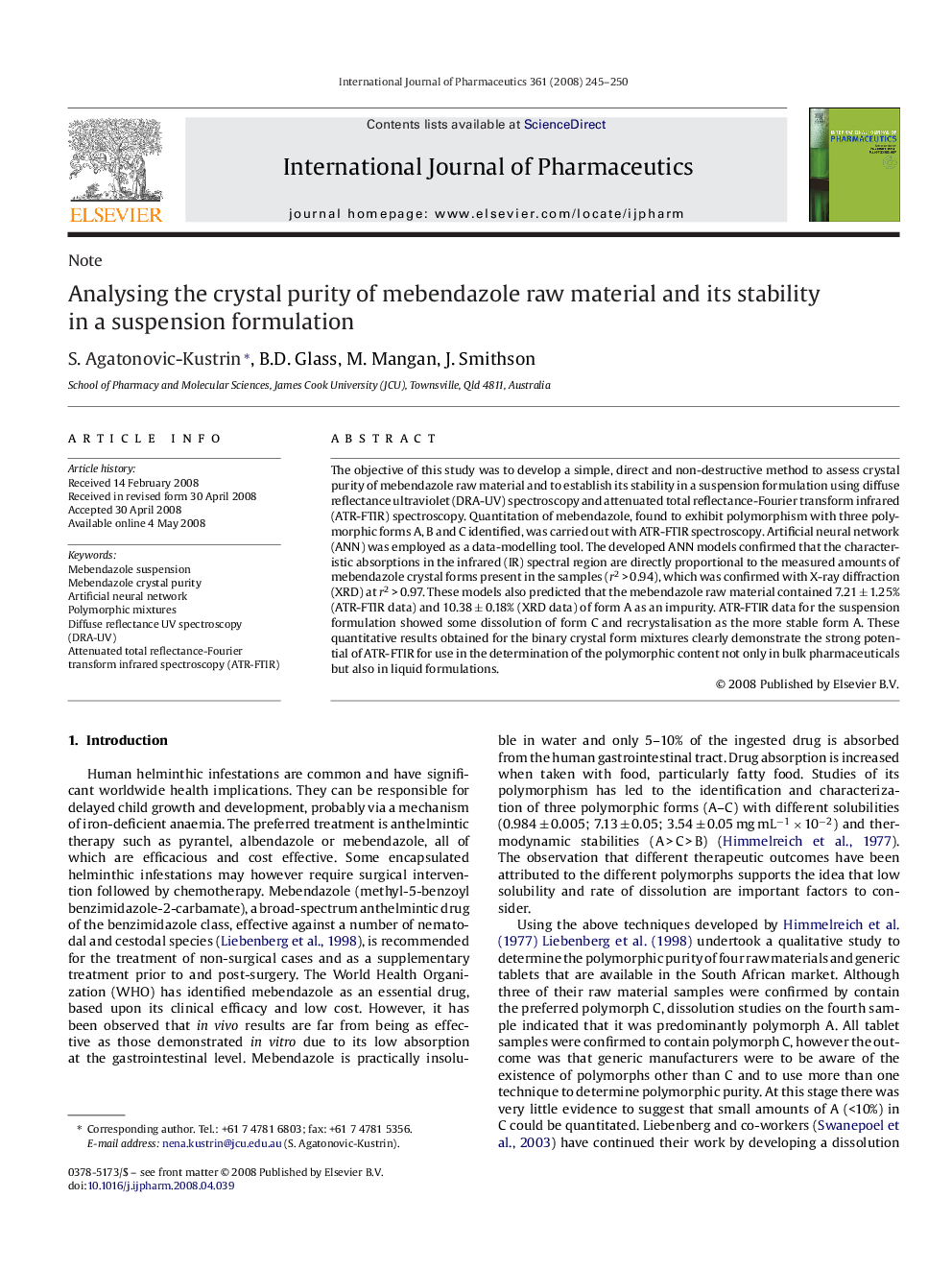 عکس صفحه اول مقاله: Analysing the crystal purity of mebendazole raw material and its stability in a suspension formulation Analysing the crystal purity of mebendazole raw material and its stability in a suspension formulation