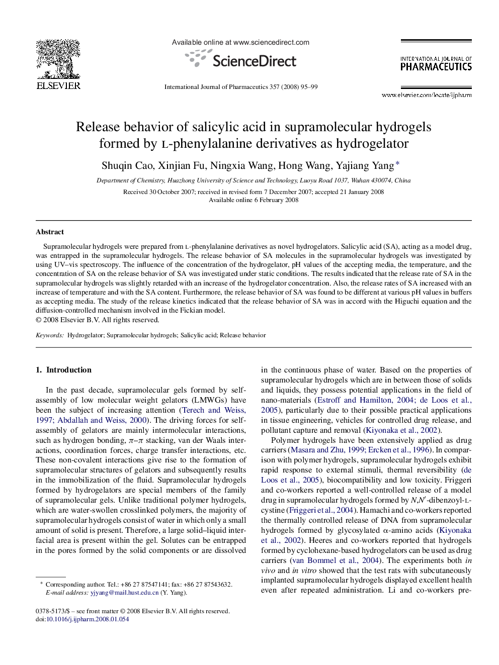 Release behavior of salicylic acid in supramolecular hydrogels formed by l-phenylalanine derivatives as hydrogelator