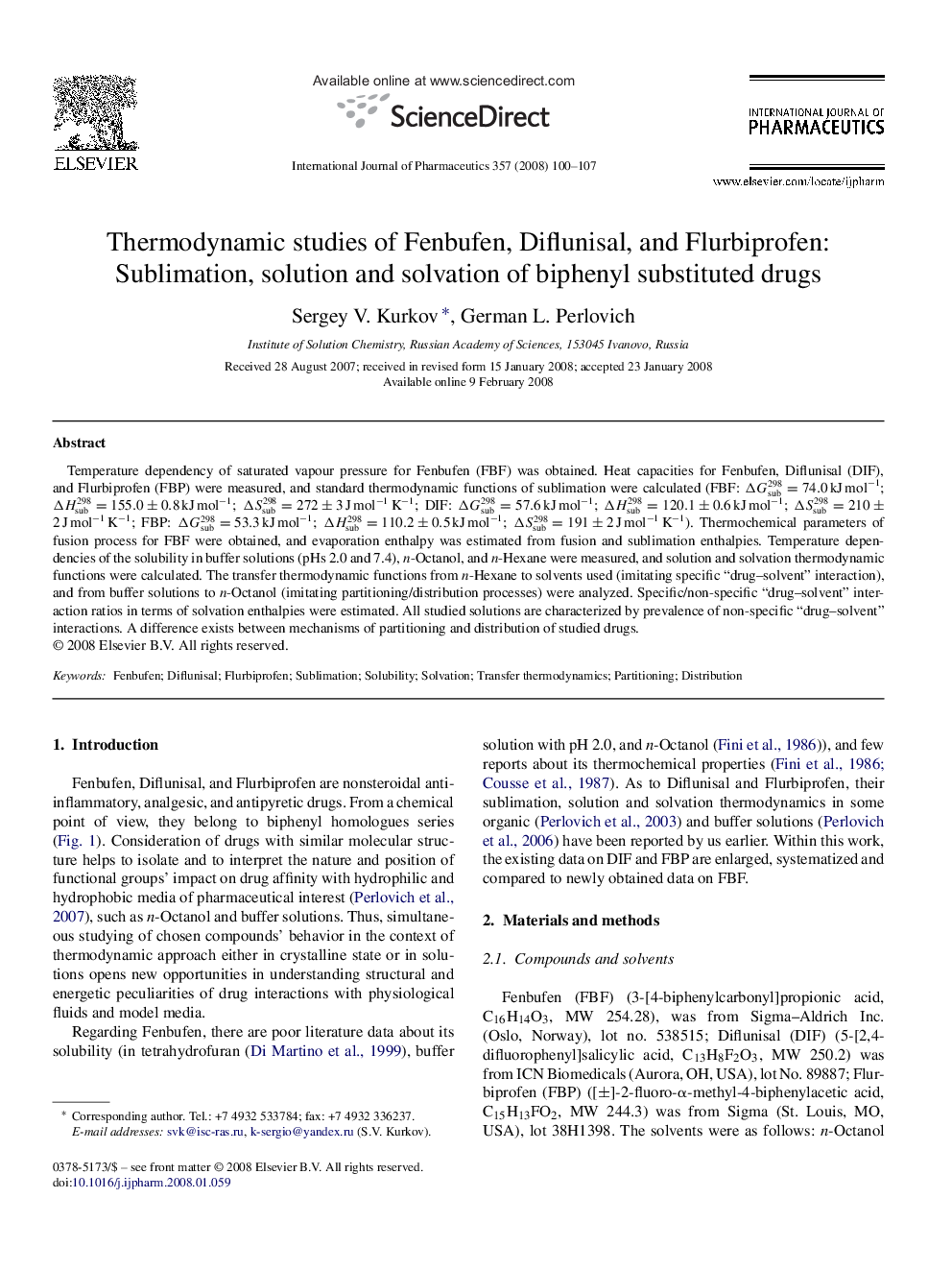 Thermodynamic studies of Fenbufen, Diflunisal, and Flurbiprofen: Sublimation, solution and solvation of biphenyl substituted drugs