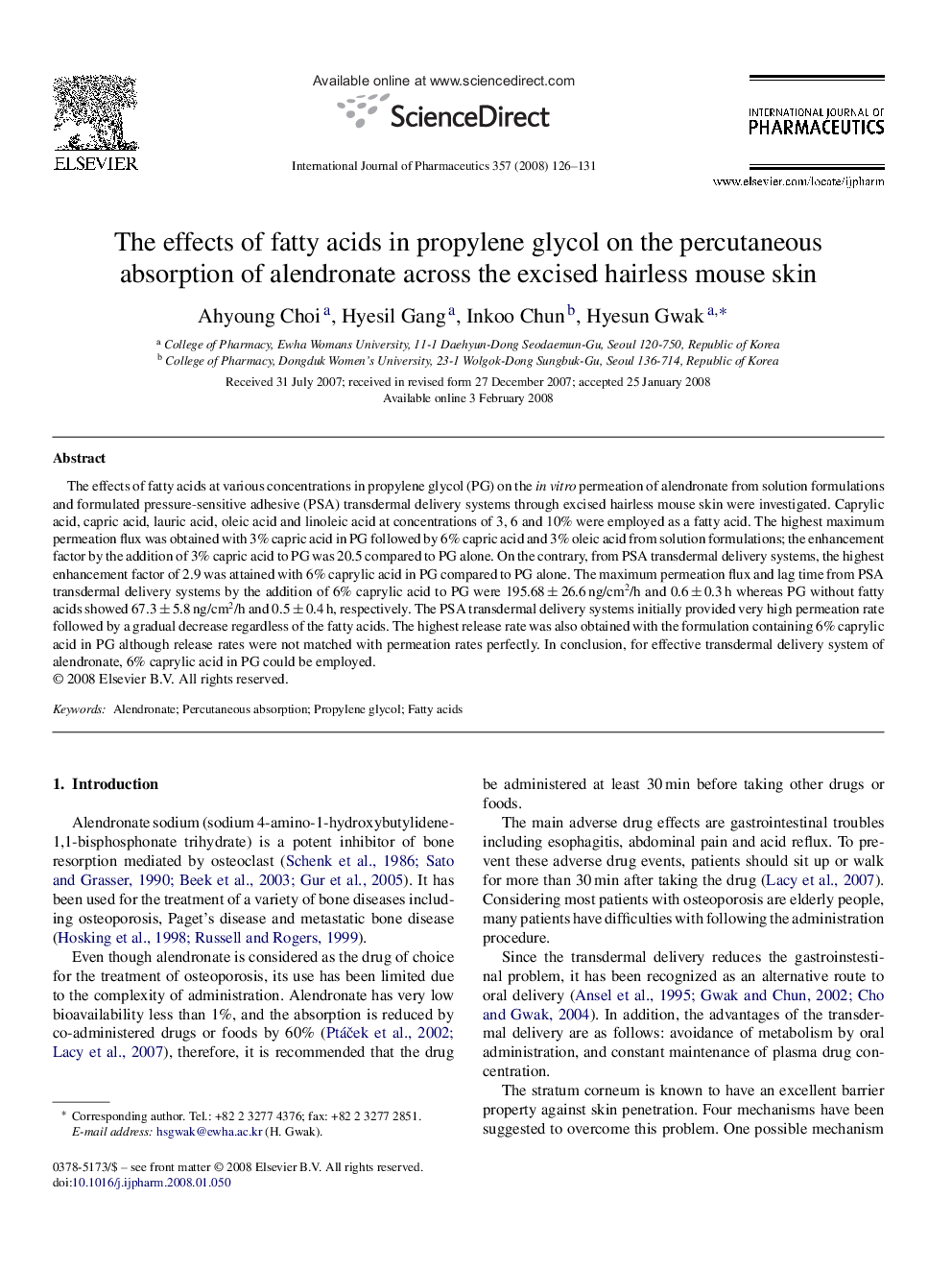 The effects of fatty acids in propylene glycol on the percutaneous absorption of alendronate across the excised hairless mouse skin