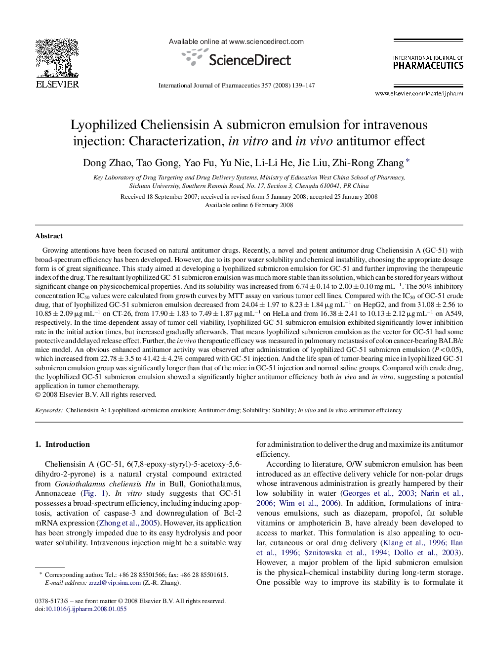 Lyophilized Cheliensisin A submicron emulsion for intravenous injection: Characterization, in vitro and in vivo antitumor effect