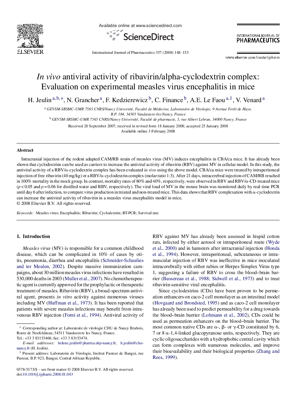 In vivo antiviral activity of ribavirin/alpha-cyclodextrin complex: Evaluation on experimental measles virus encephalitis in mice