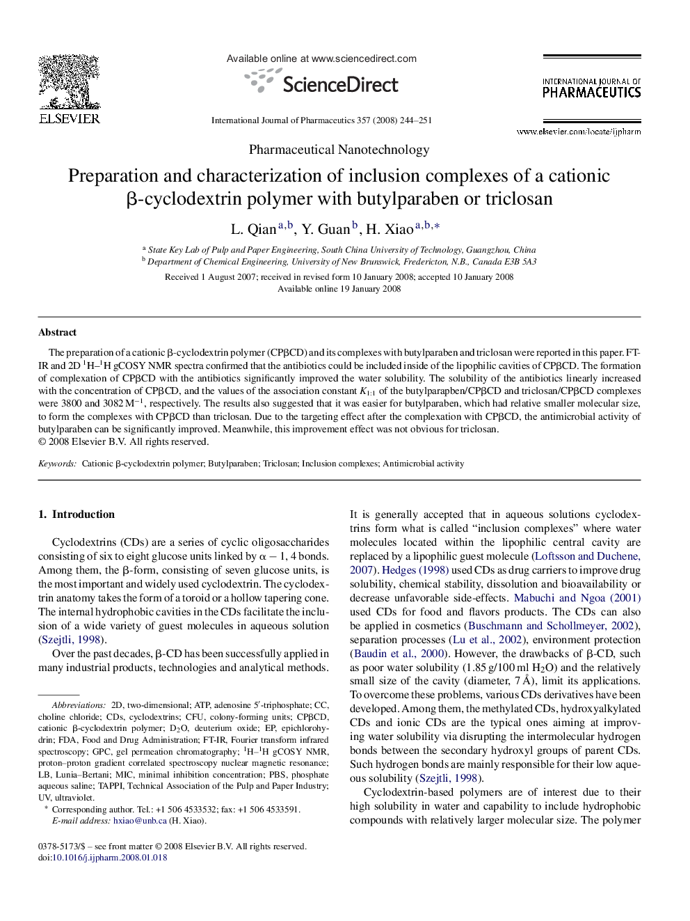 Preparation and characterization of inclusion complexes of a cationic β-cyclodextrin polymer with butylparaben or triclosan