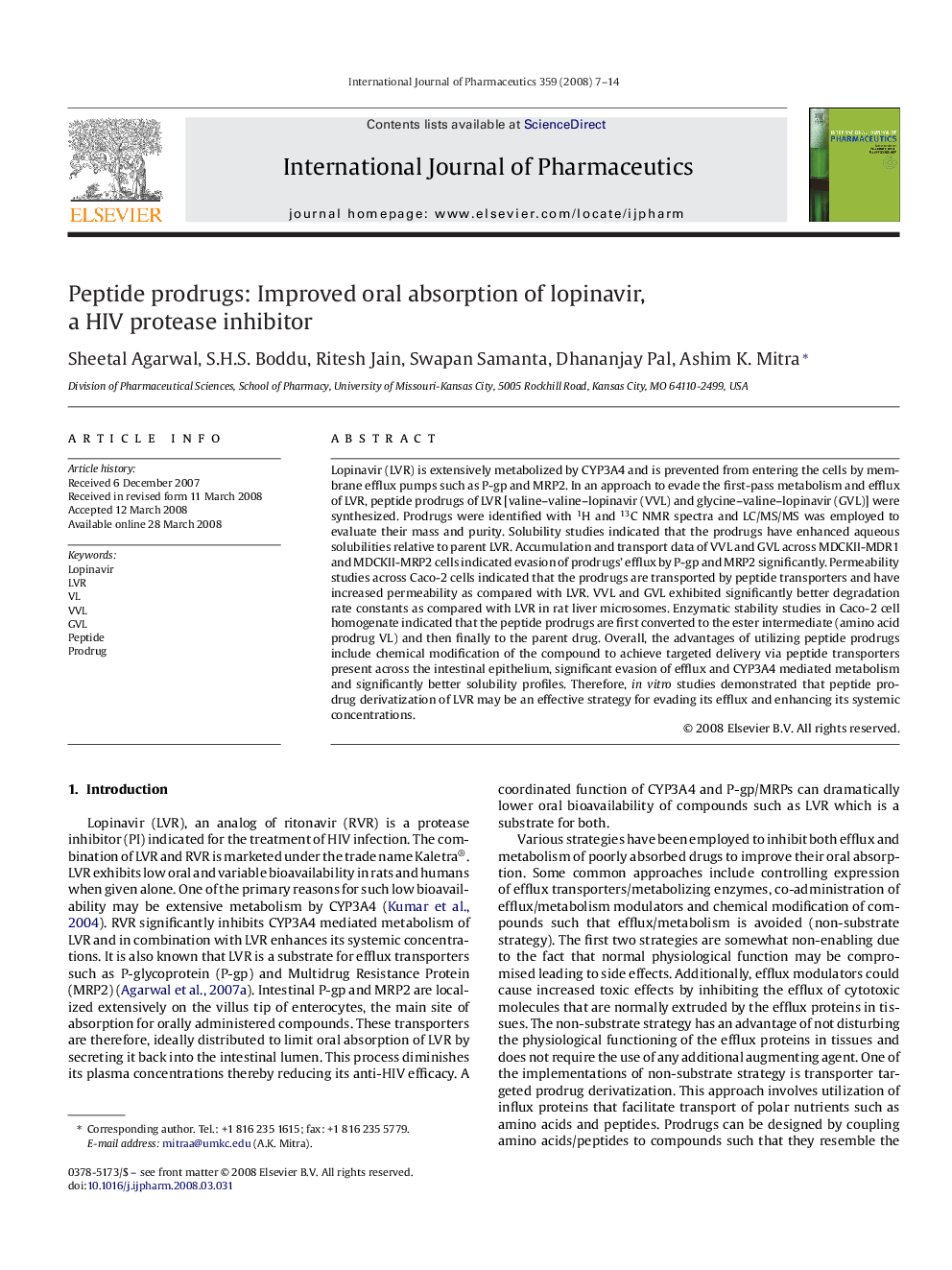 Peptide prodrugs: Improved oral absorption of lopinavir, a HIV protease inhibitor