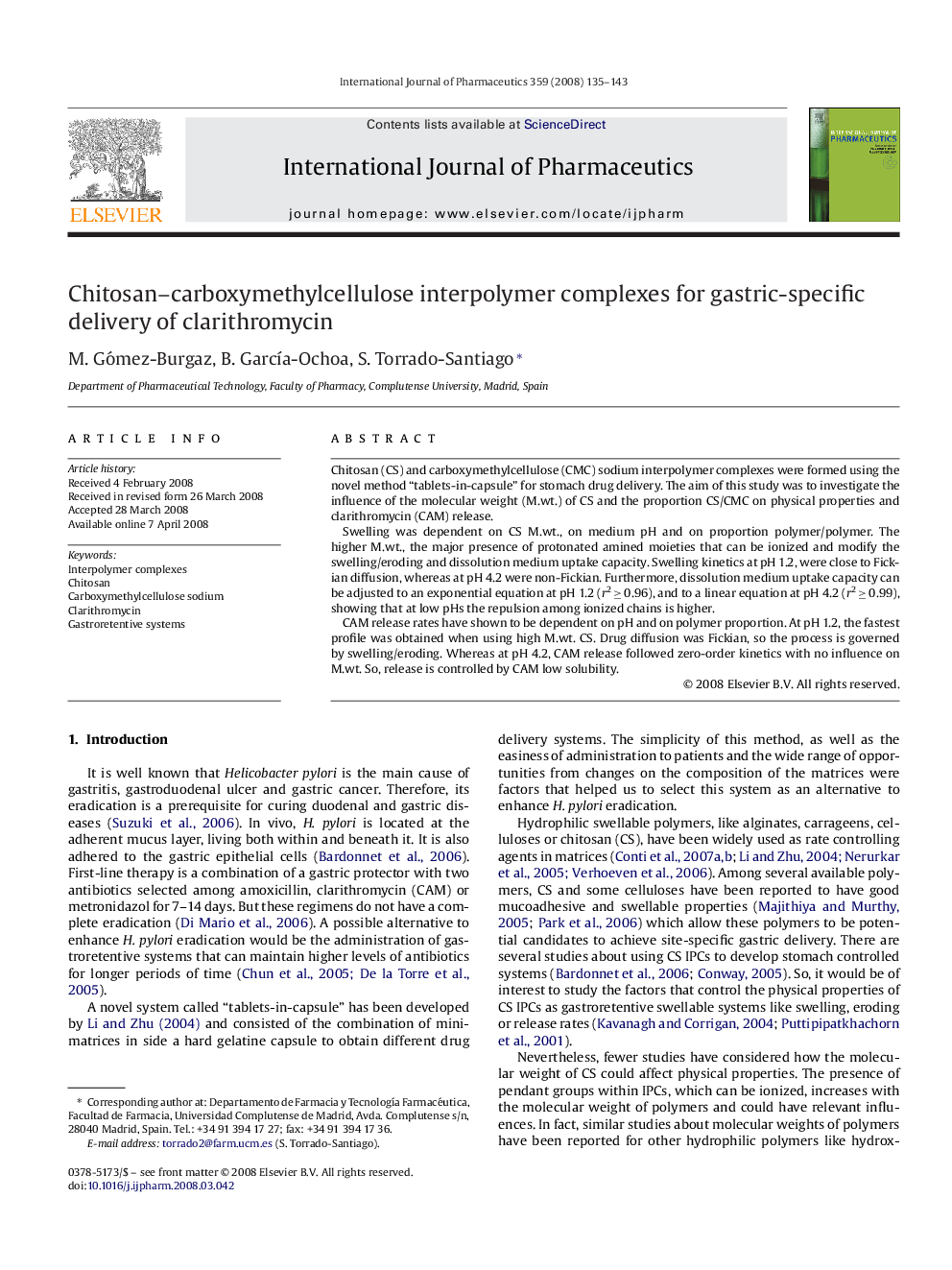 Chitosan–carboxymethylcellulose interpolymer complexes for gastric-specific delivery of clarithromycin