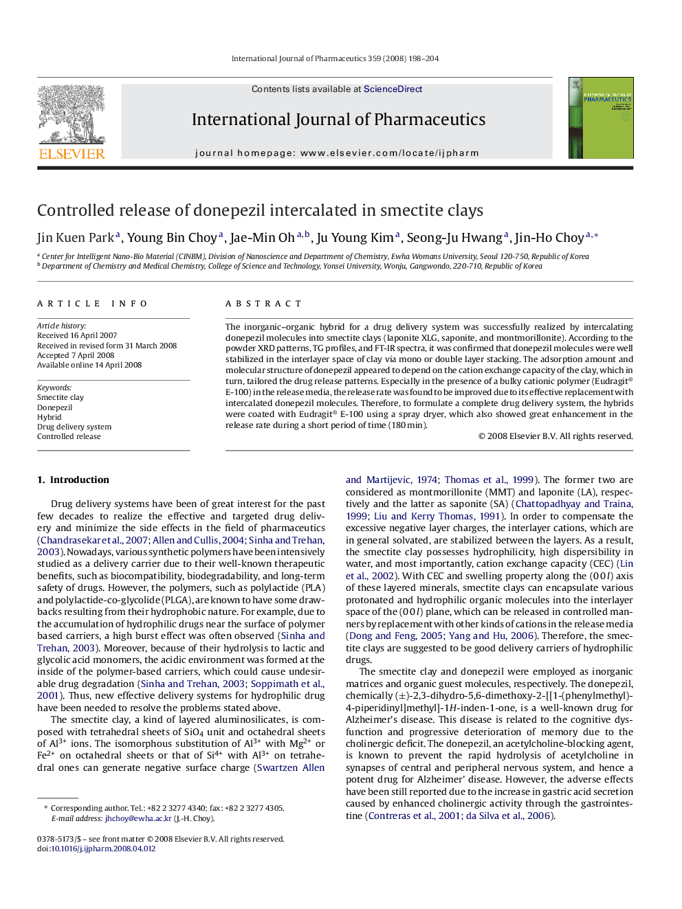 Controlled release of donepezil intercalated in smectite clays