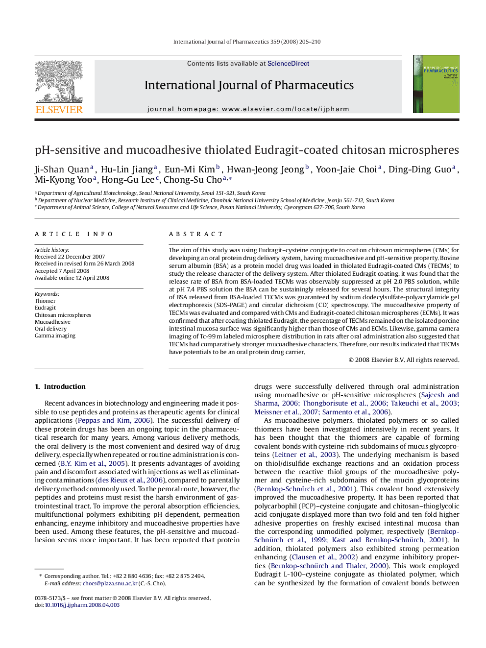 pH-sensitive and mucoadhesive thiolated Eudragit-coated chitosan microspheres