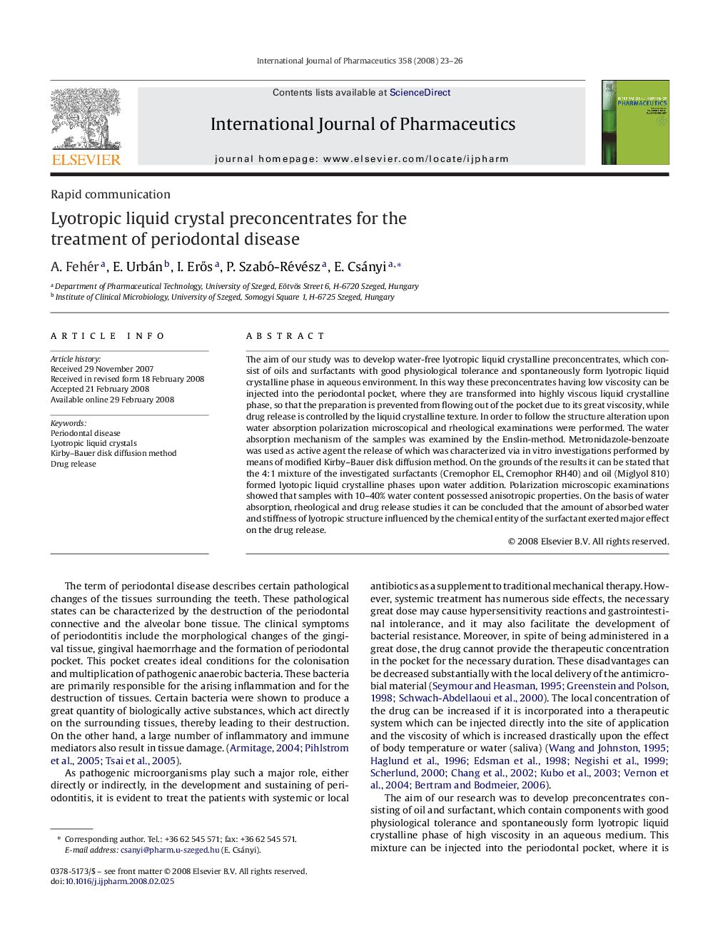 Lyotropic liquid crystal preconcentrates for the treatment of periodontal disease