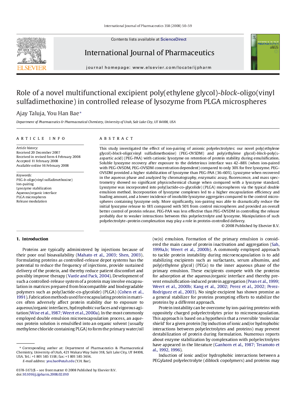 Role of a novel multifunctional excipient poly(ethylene glycol)-block-oligo(vinyl sulfadimethoxine) in controlled release of lysozyme from PLGA microspheres