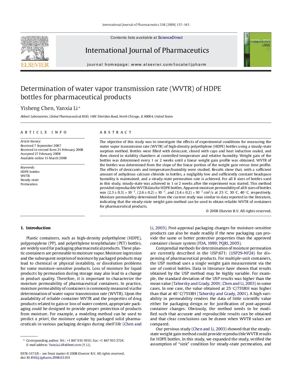 عکس صفحه اول مقاله: Determination of water vapor transmission rate (WVTR) of HDPE bottles for pharmaceutical products Determination of water vapor transmission rate (WVTR) of HDPE bottles for pharmaceutical products