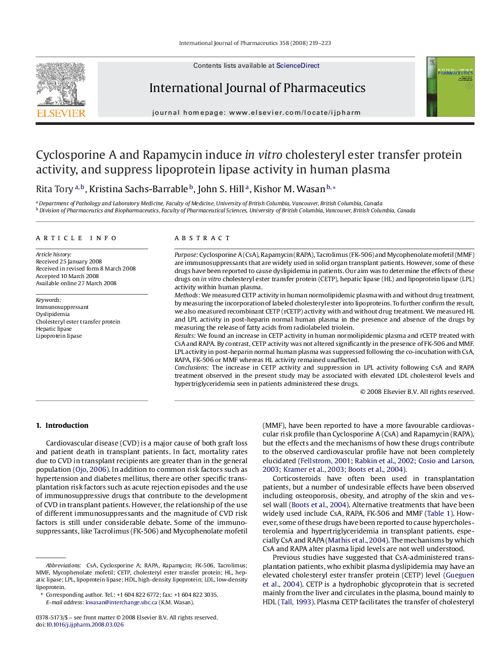 Cyclosporine A and Rapamycin induce in vitro cholesteryl ester transfer protein activity, and suppress lipoprotein lipase activity in human plasma