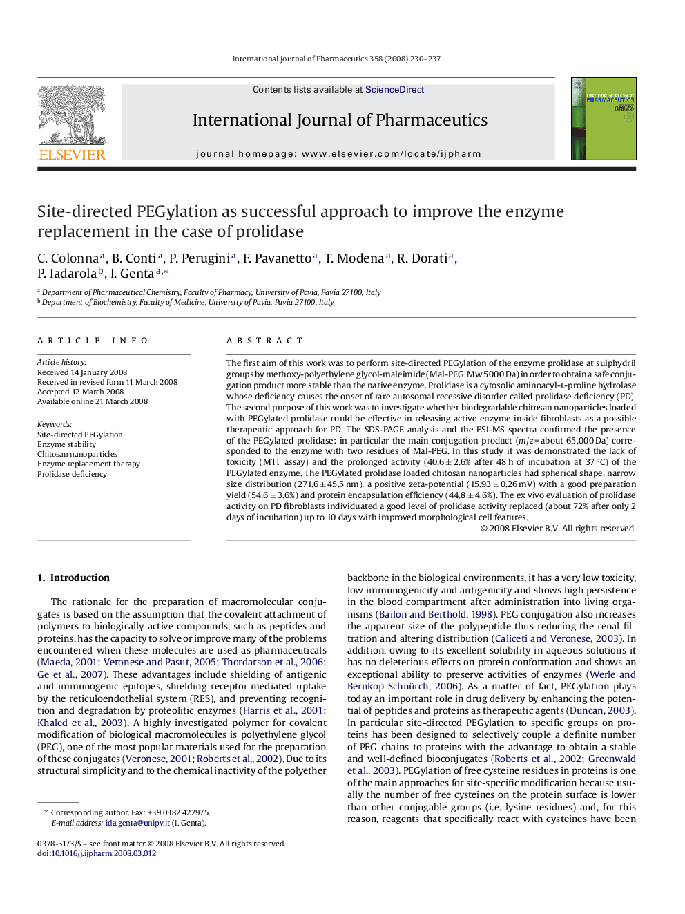 Site-directed PEGylation as successful approach to improve the enzyme replacement in the case of prolidase