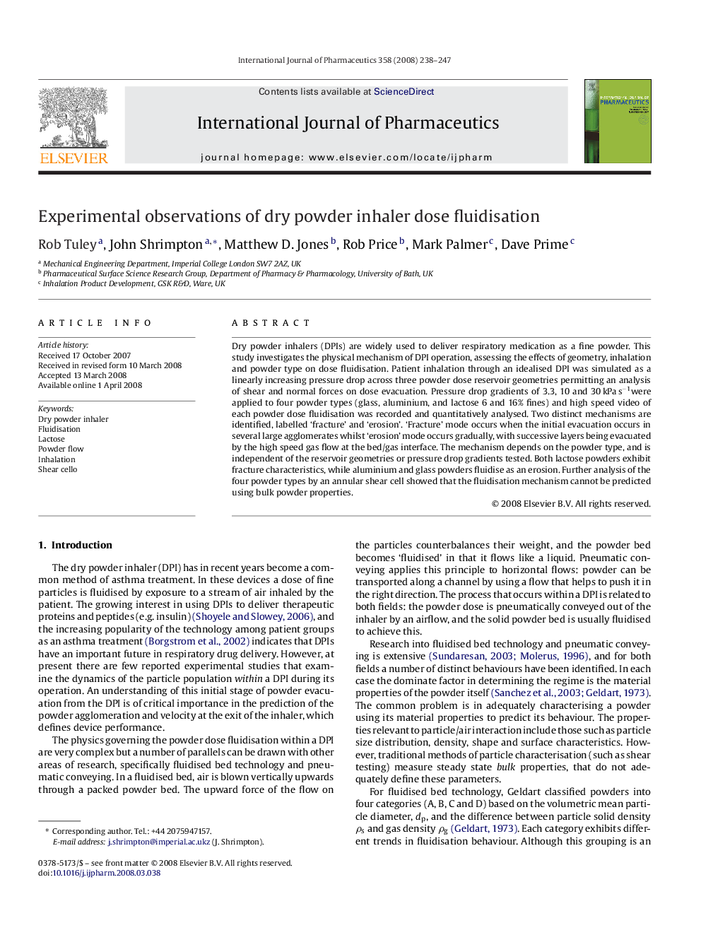 Experimental observations of dry powder inhaler dose fluidisation