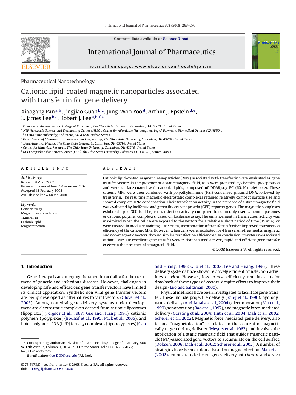 Cationic lipid-coated magnetic nanoparticles associated with transferrin for gene delivery