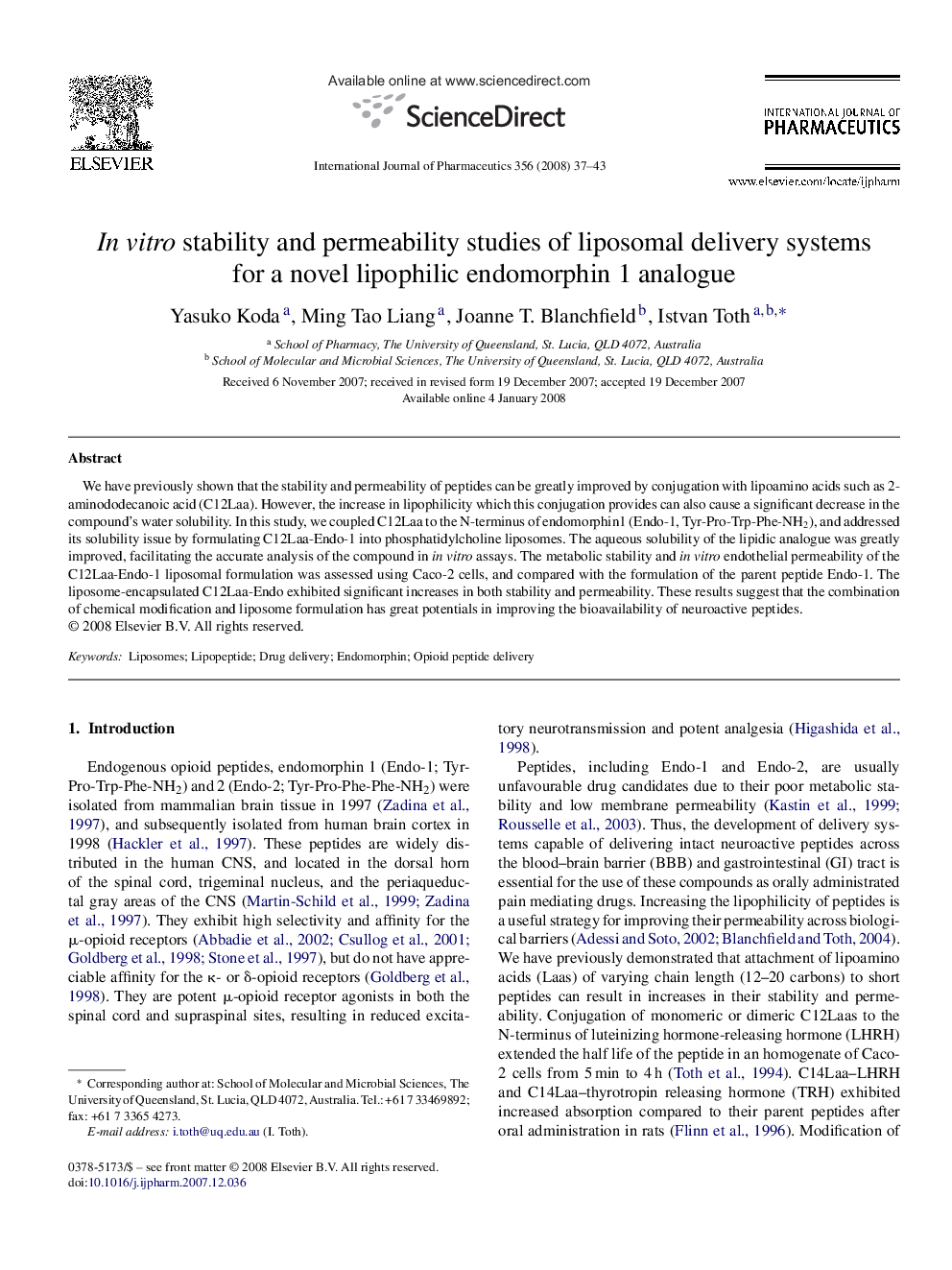 In vitro stability and permeability studies of liposomal delivery systems for a novel lipophilic endomorphin 1 analogue