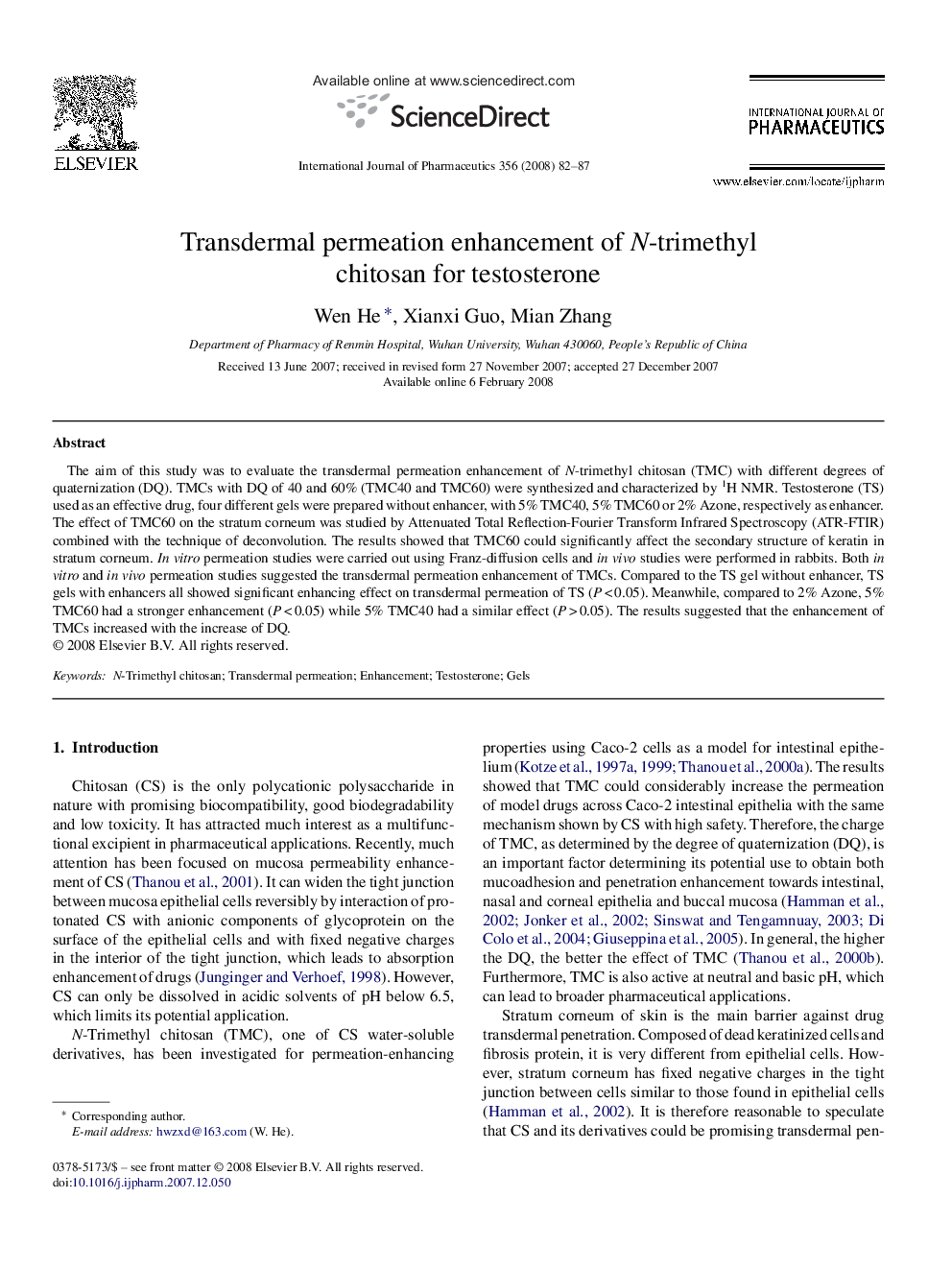 Transdermal permeation enhancement of N-trimethyl chitosan for testosterone