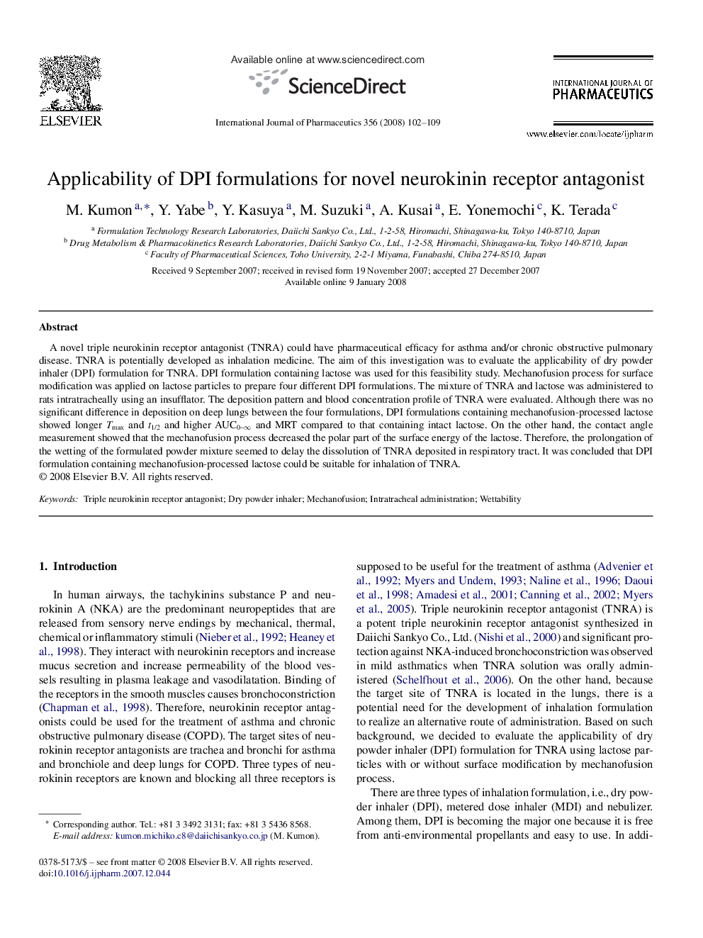 Applicability of DPI formulations for novel neurokinin receptor antagonist