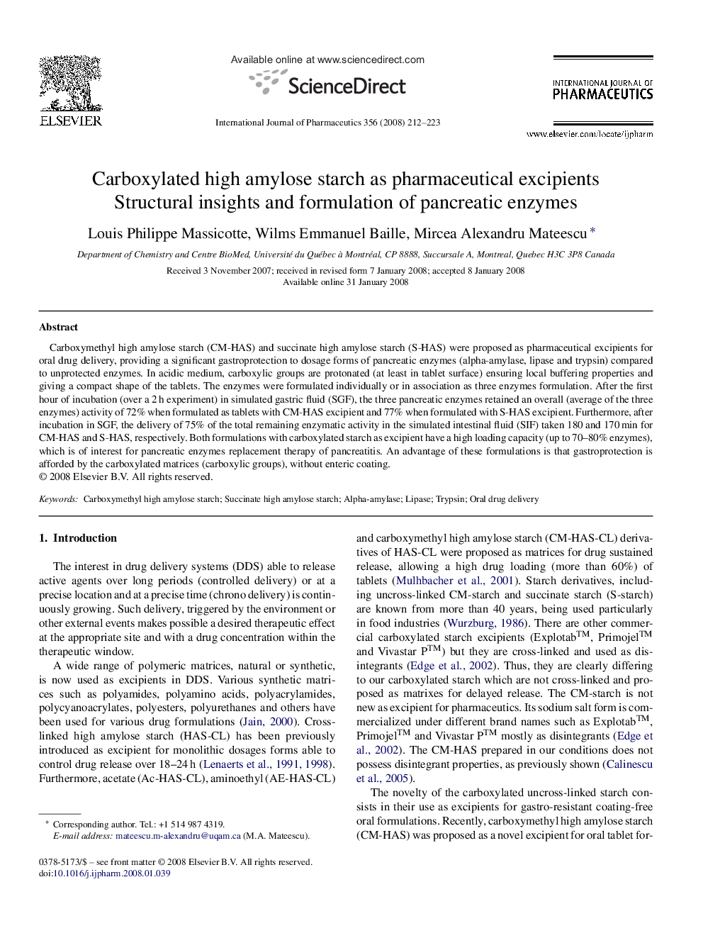 Carboxylated high amylose starch as pharmaceutical excipients: Structural insights and formulation of pancreatic enzymes