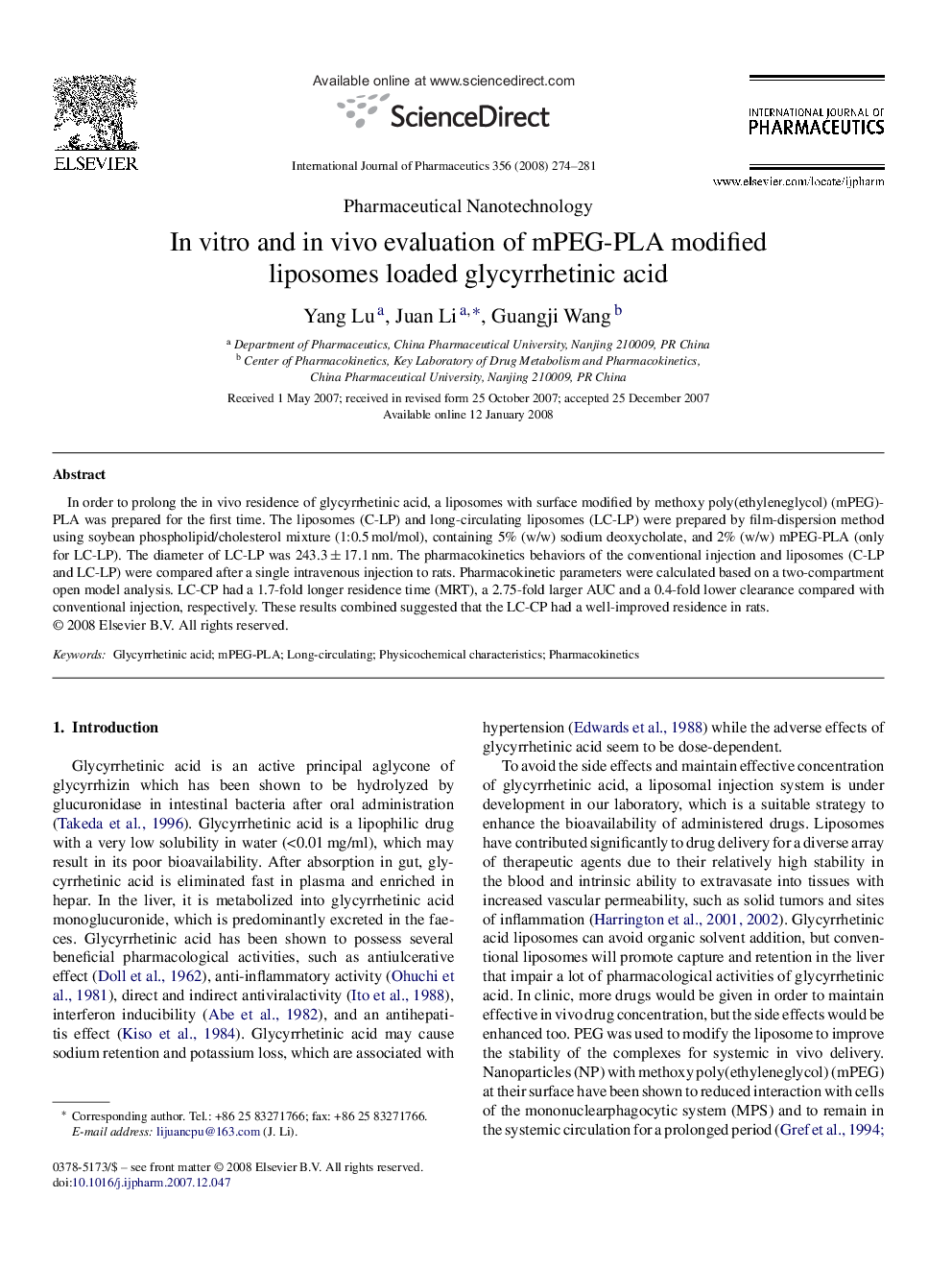 In vitro and in vivo evaluation of mPEG-PLA modified liposomes loaded glycyrrhetinic acid