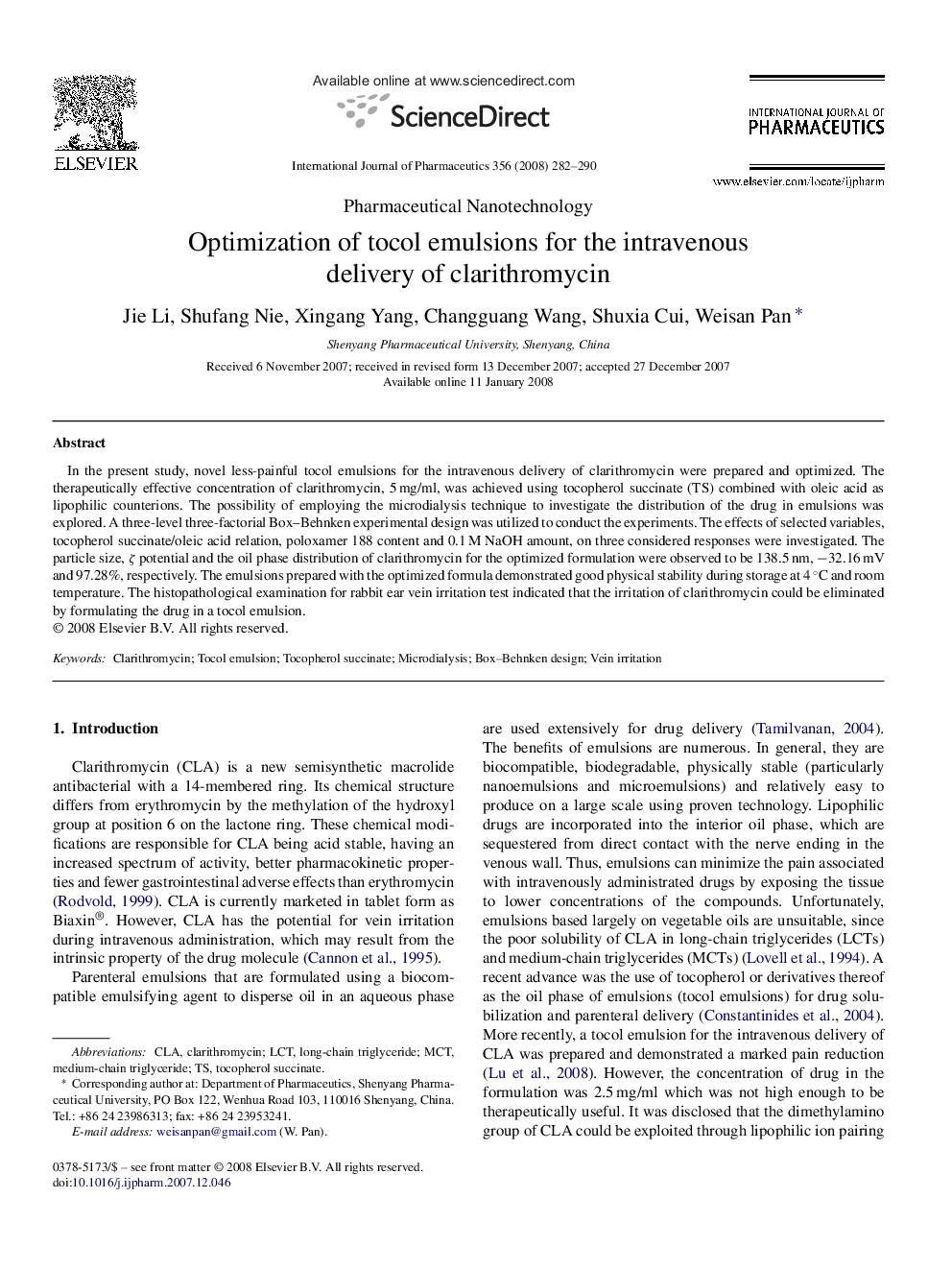 Optimization of tocol emulsions for the intravenous delivery of clarithromycin