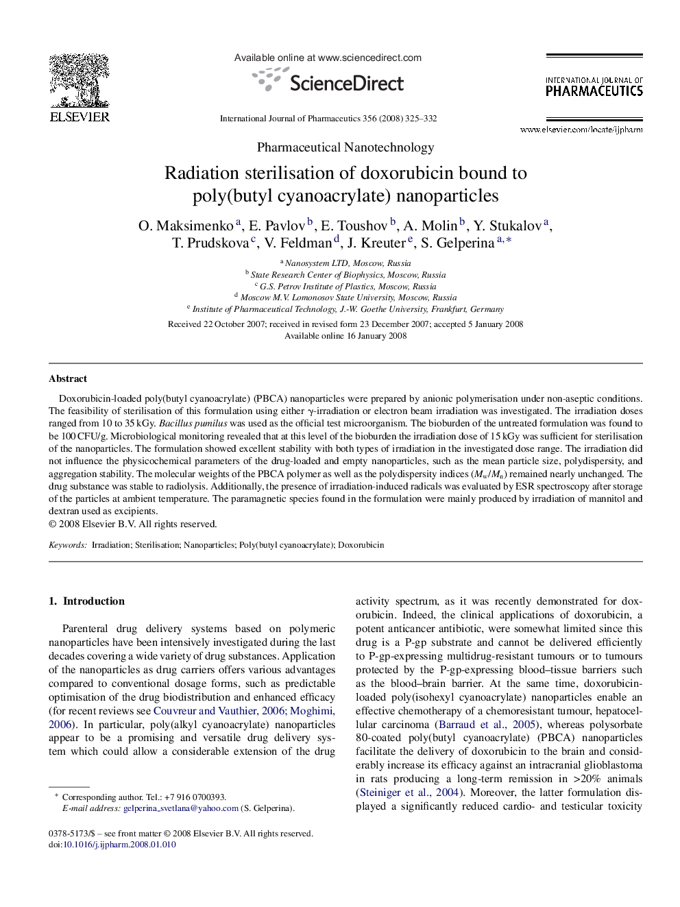 Radiation sterilisation of doxorubicin bound to poly(butyl cyanoacrylate) nanoparticles