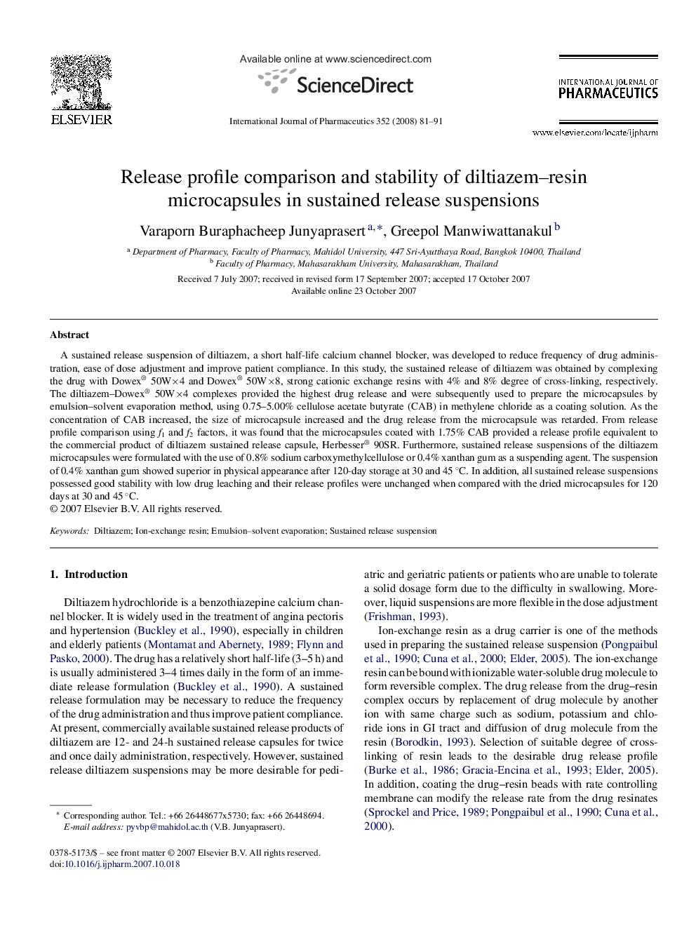 Release profile comparison and stability of diltiazem–resin microcapsules in sustained release suspensions