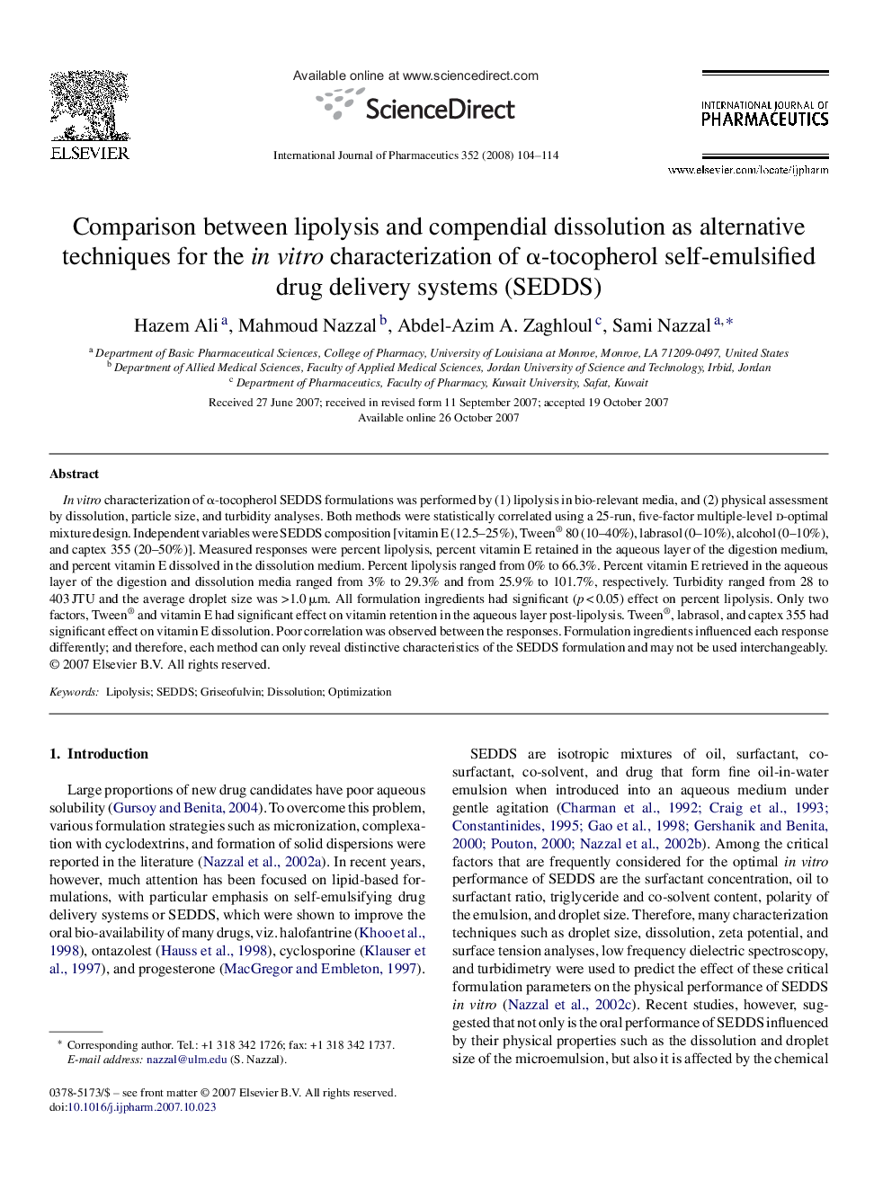 Comparison between lipolysis and compendial dissolution as alternative techniques for the in vitro characterization of α-tocopherol self-emulsified drug delivery systems (SEDDS)