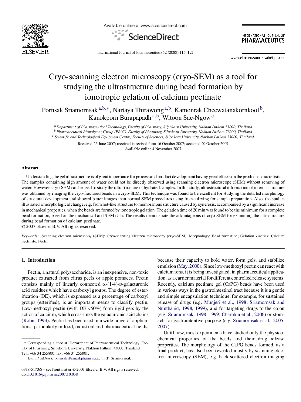 Cryo-scanning electron microscopy (cryo-SEM) as a tool for studying the ultrastructure during bead formation by ionotropic gelation of calcium pectinate