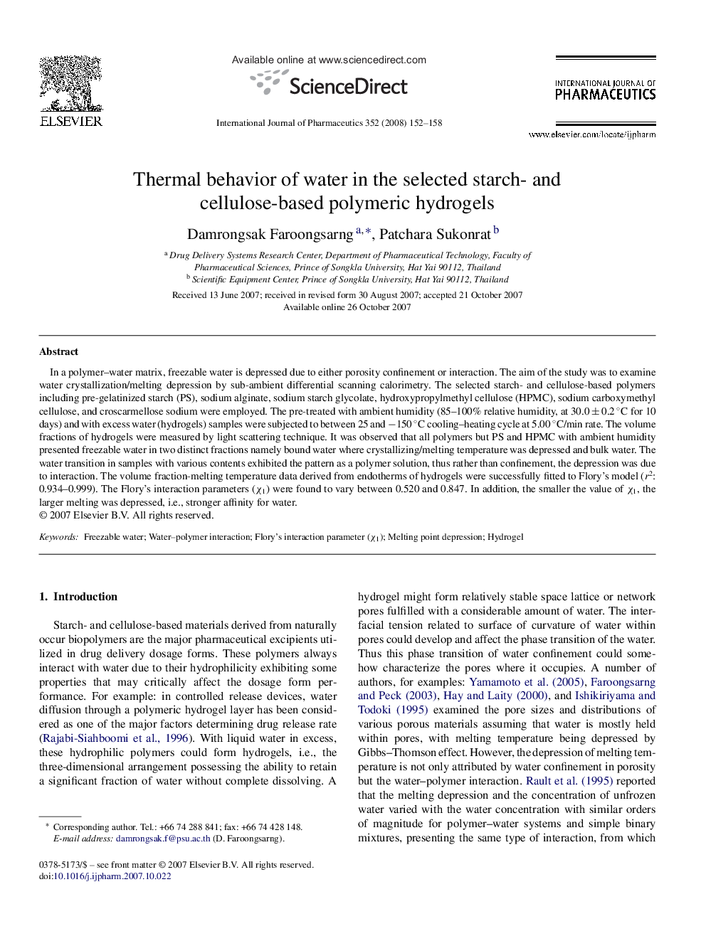 Thermal behavior of water in the selected starch- and cellulose-based polymeric hydrogels