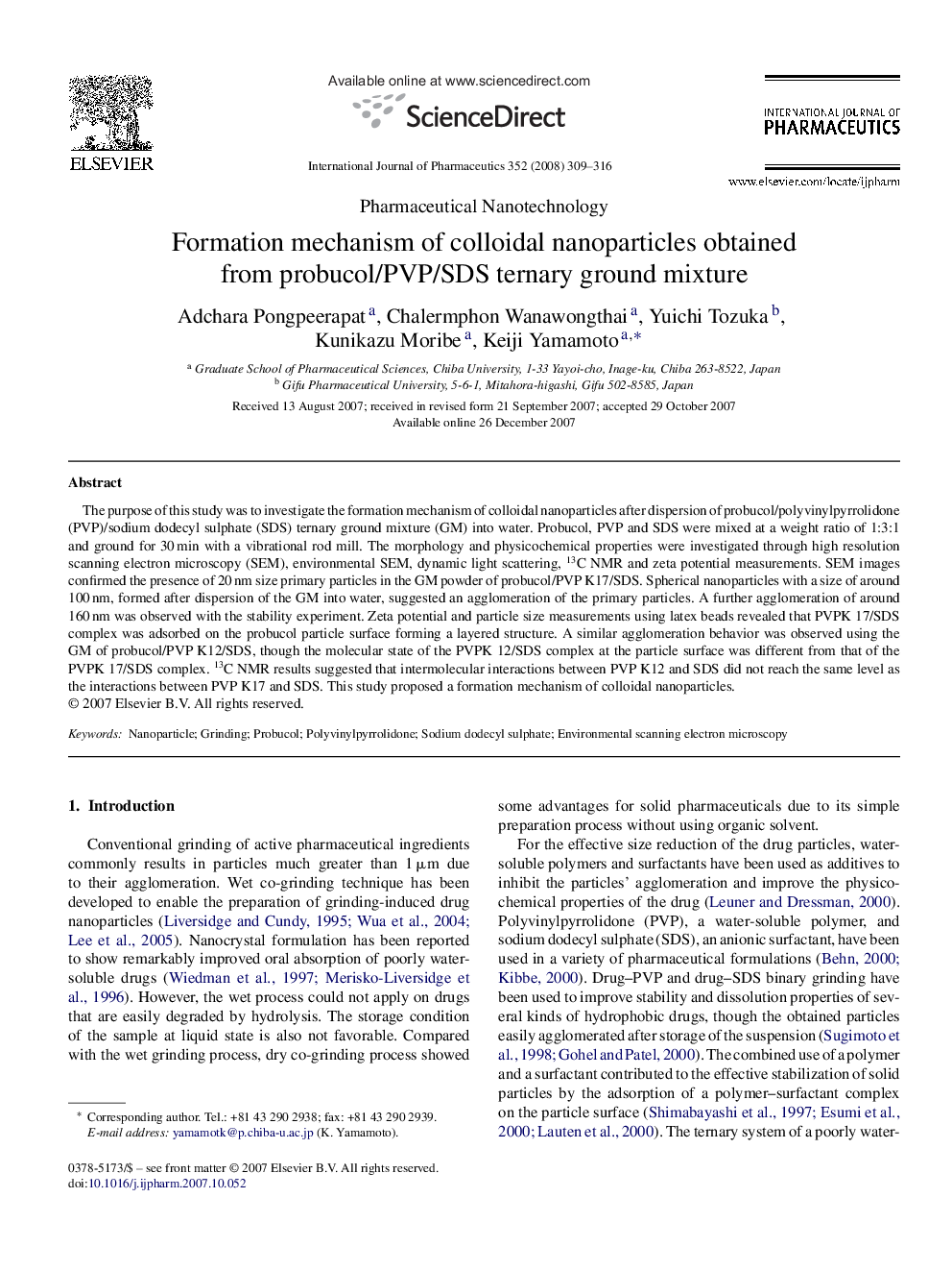 Formation mechanism of colloidal nanoparticles obtained from probucol/PVP/SDS ternary ground mixture