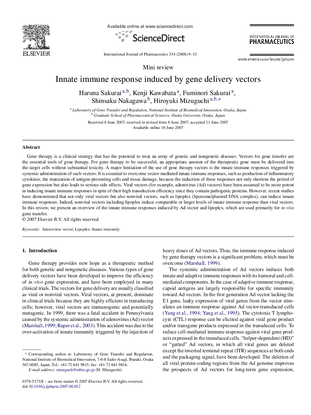 Innate immune response induced by gene delivery vectors