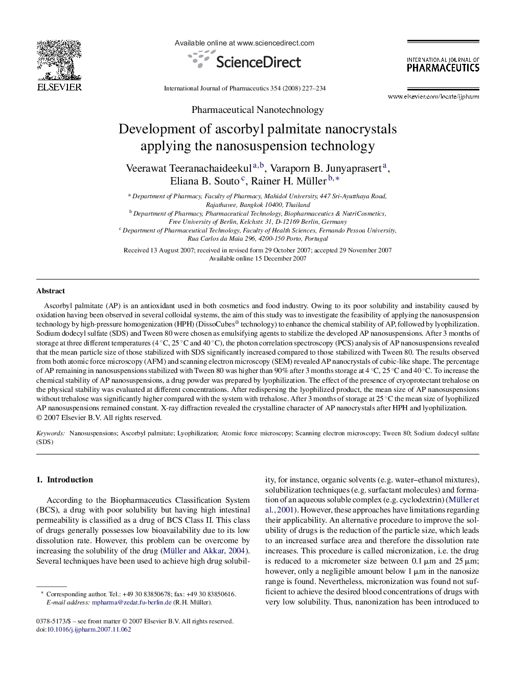 Development of ascorbyl palmitate nanocrystals applying the nanosuspension technology